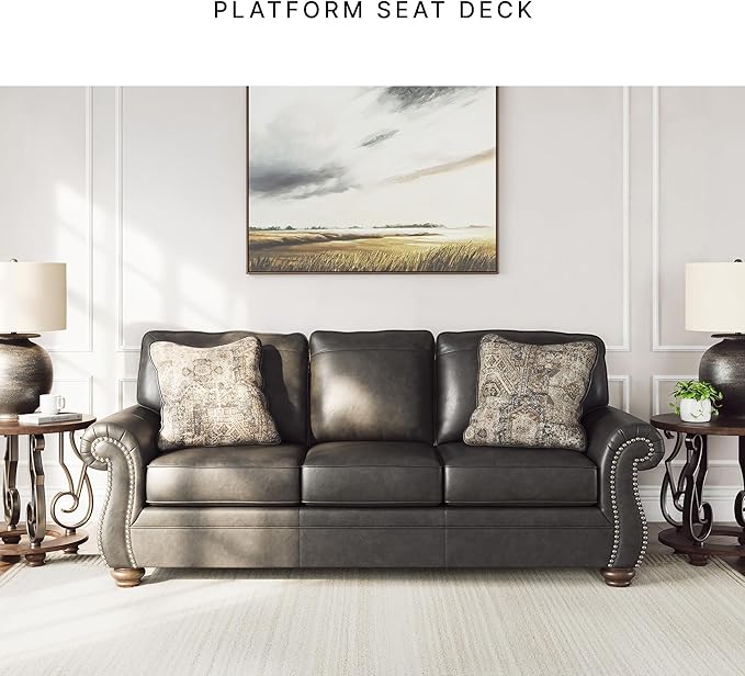 Signature Design by Ashley Shadsburne Rustic Faux Leather Sofa with Nailhead Trim and 2 Chenille Throw Pillows, Pillows With Soft Polyfill, Reinforced Frame For Added Stability, Black