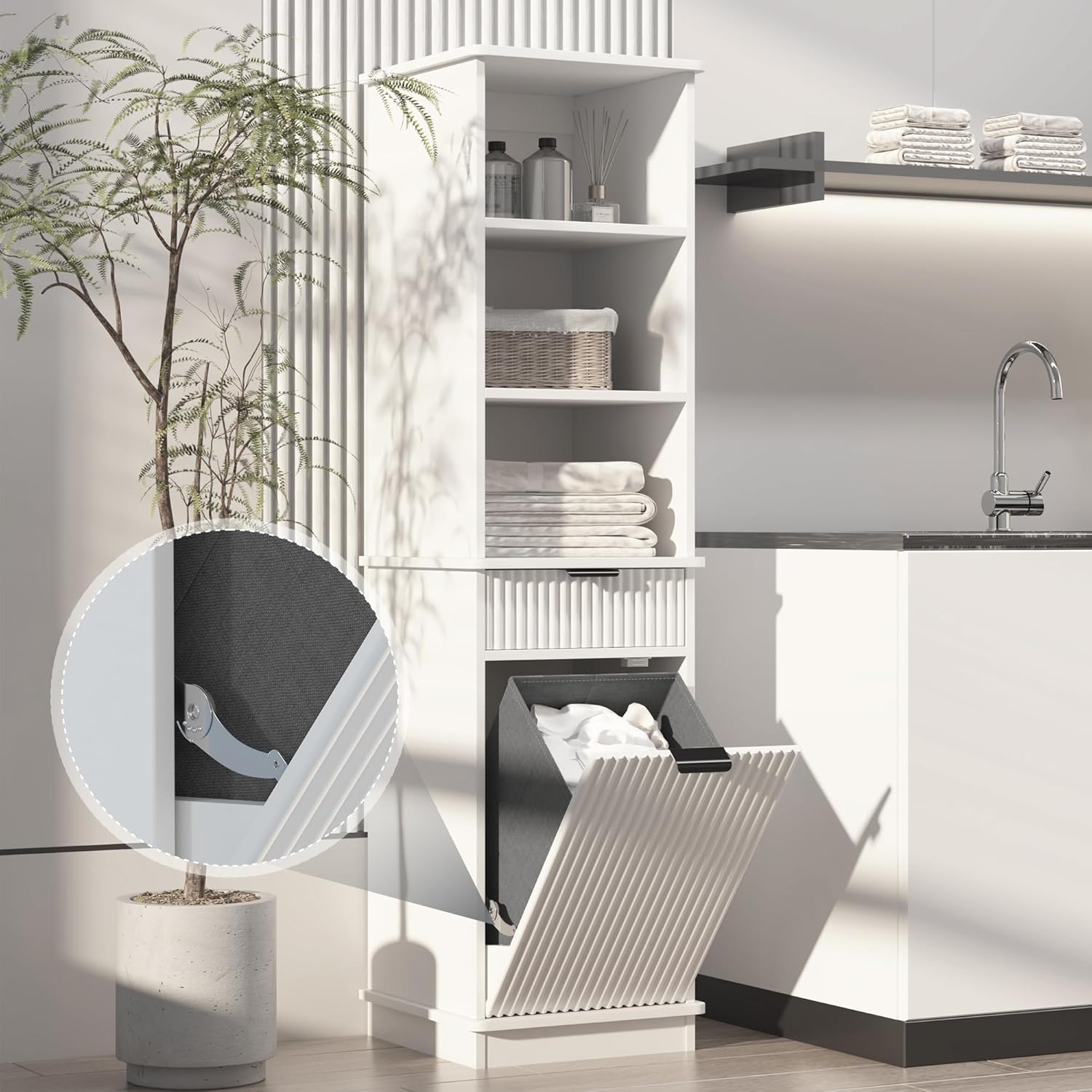 White Tilt Out Laundry Hamper Tall Bathroom Storage Cabinet Hidden Laundry Hamper Cabinet with Drawers and Baskets for Bathroom Hamper with Storage for Bedroom,16x16x59in