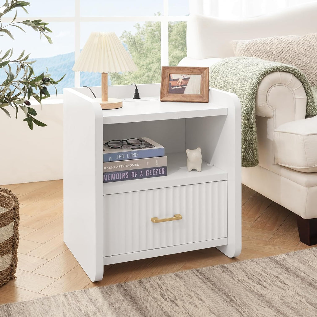Night Stand with Charger Station, Fluted Wood Nightstand with Drawer Storage, Modern Bedside Table, Wide Nightstands for Bedroom, Mid Century Wooden Night Stands for Home Office Sofa Couch