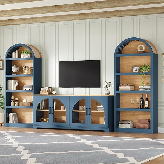 3-Piece Farmhouse TV Stand Set with Bookshelf for TVs Up to 70", Two-Tone Wood Grain Entertainment Center with Arched Design, Retro Sideboard with Tempered Glass Doors for Living Room (Blue+Natural)