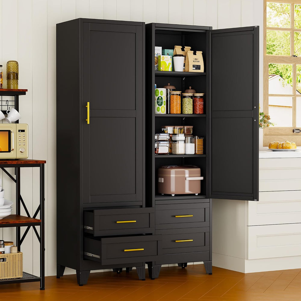 67" Tall Narrow Metal Storage Cabinet, Freestanding Pantry Organizer, Bl...