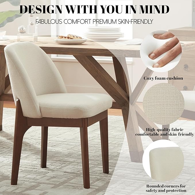 VKNOW Modern Dining Chairs, Fabric Kitchen Chairs with Wood Legs and Padded Seats, Upholstered Side Chair for Kitchen Dining Room (Fabric, Linen Color, Set of 4)