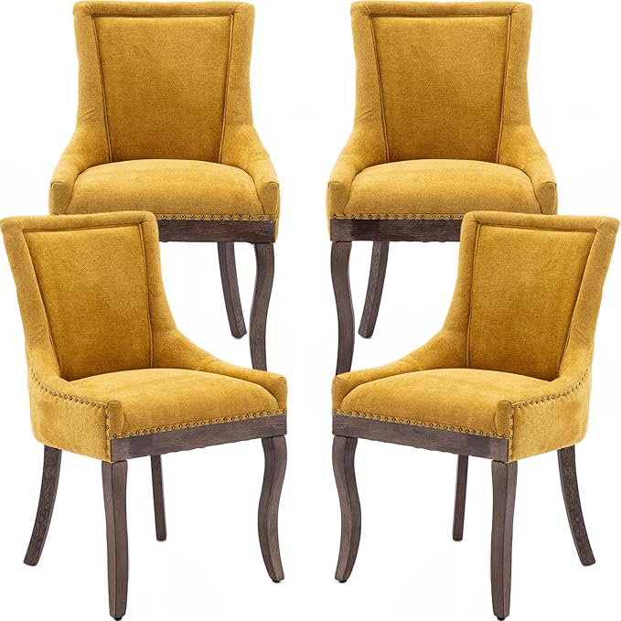 Gold Dining Chairs Set of 4, Kitchen & Dining Room Chairs, Fabric Upholstered Dinning Chairs, Sillas De Comedor, Nailhead Trim, Wood Legs (Yellow, 4 Pcs)