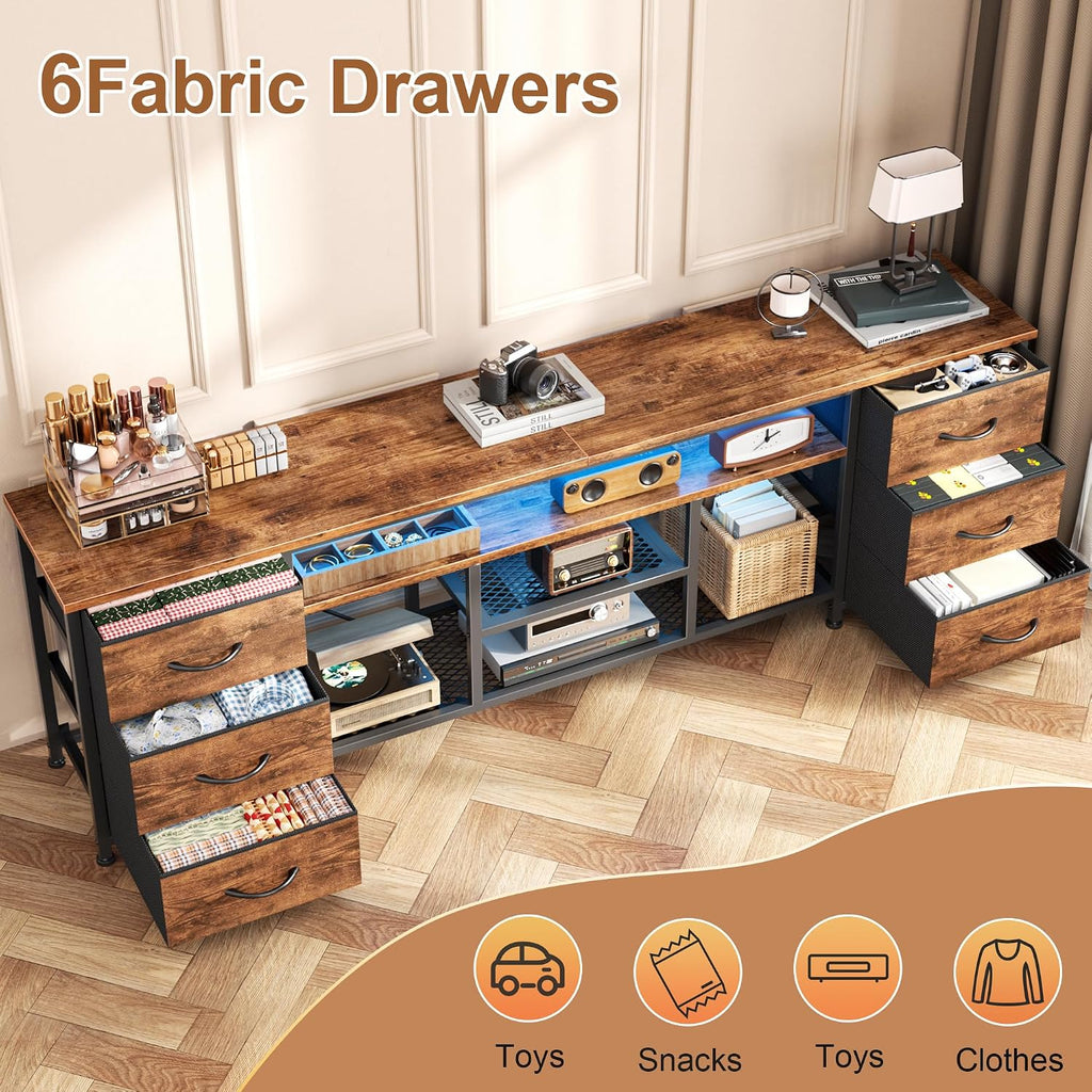 Furologee 63 Inch LED TV Stand, Entertainment Center, Rustic Brown | TV Stand for 65, 70 Inch TV, TV Console with Power Outlets & 6 Fabric Drawers, for Living Room, Bedroom
