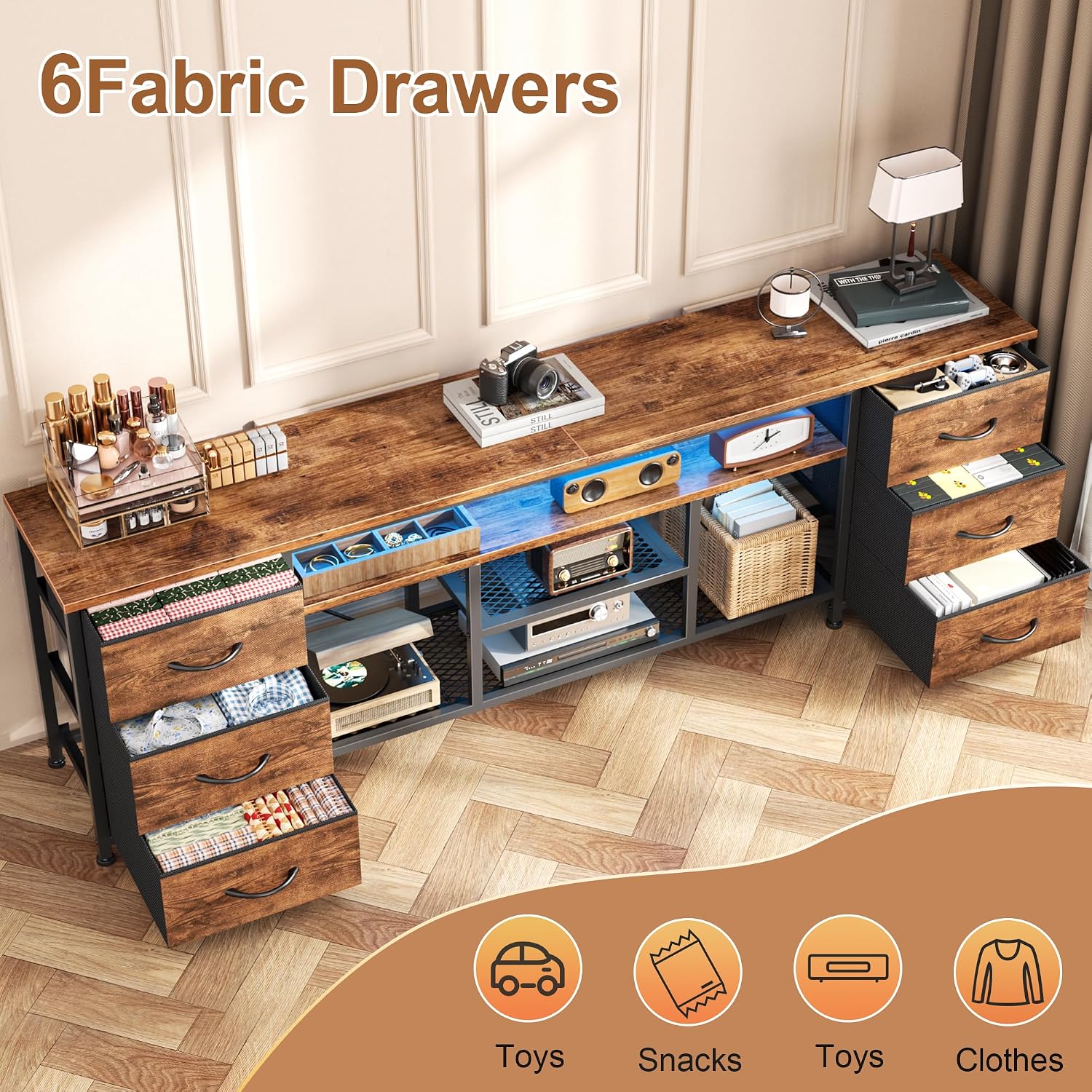 Furologee 63 Inch LED TV Stand, Entertainment Center, Rustic Brown | TV Stand for 65, 70 Inch TV, TV Console with Power Outlets & 6 Fabric Drawers, for Living Room, Bedroom