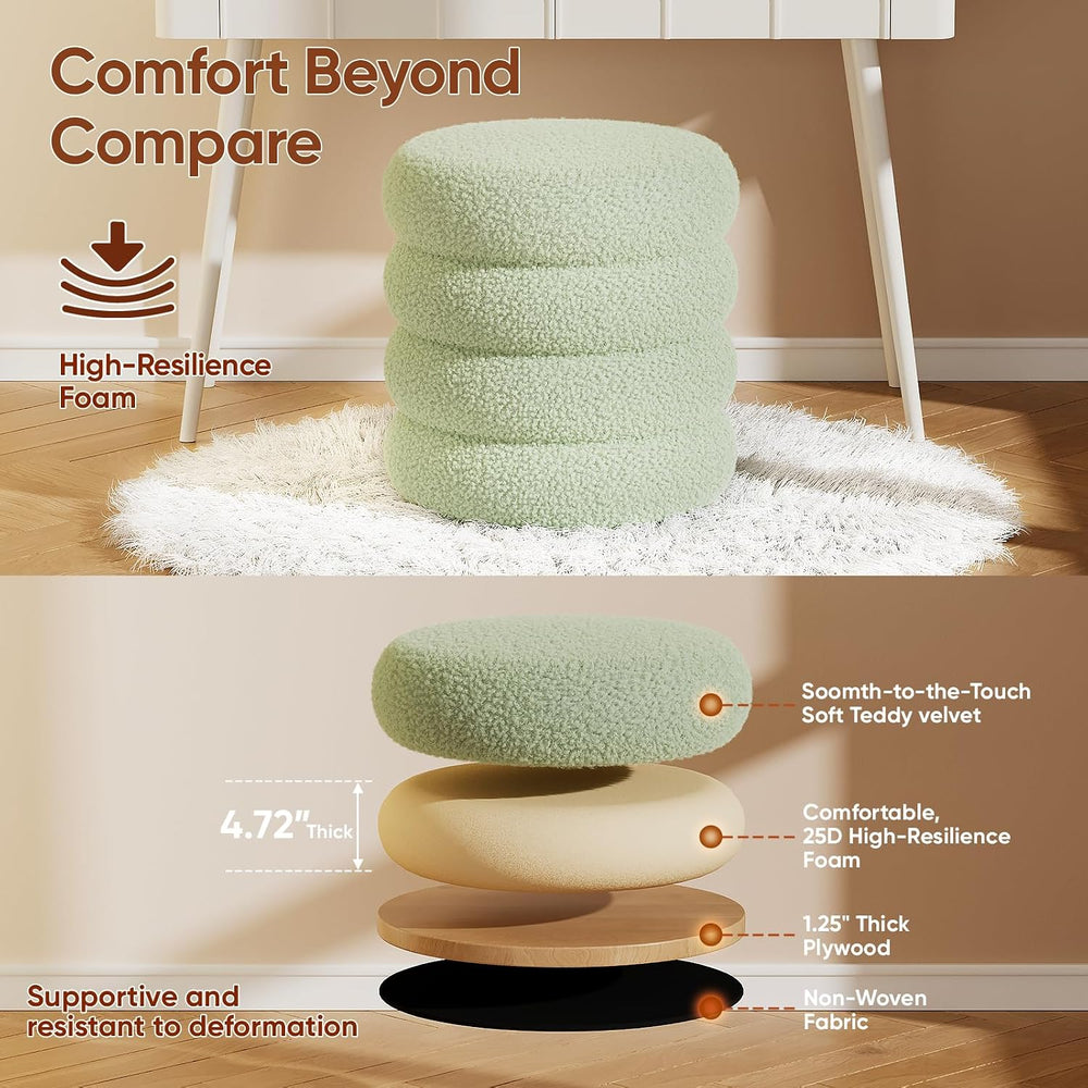 Soft Teddy Round Ottoman with Tray, 17.5 Inches Ottoman Coffee Table with Sto...