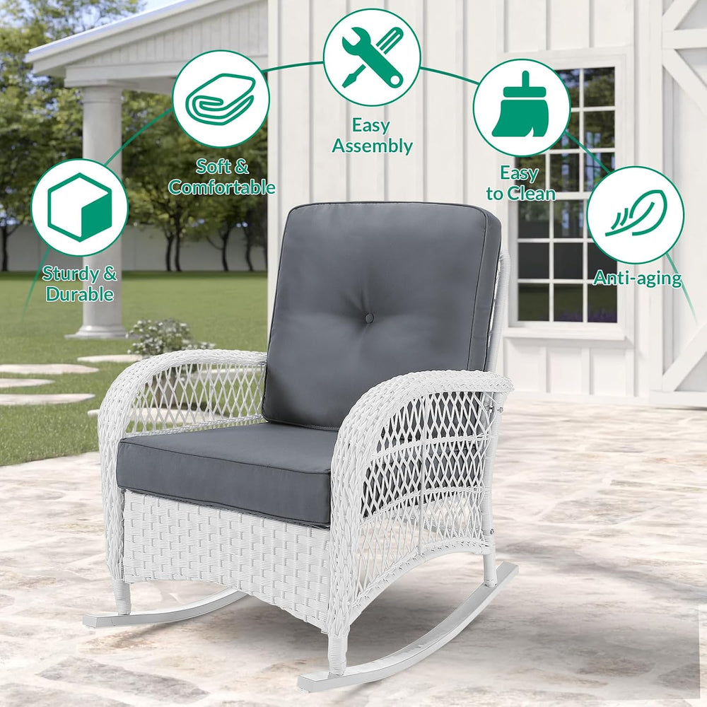 VIVIJASON Outdoor Wicker Rocking Chair, Patio Rattan Rocker Chair with Cushio...