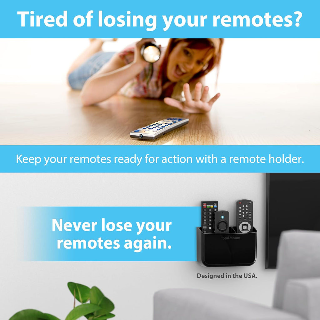 TotalMount Hole-Free Remote Holder – Eliminates Need to Drill Holes in Your Wall (Premium Black Holder for 2 or 3 Remotes)