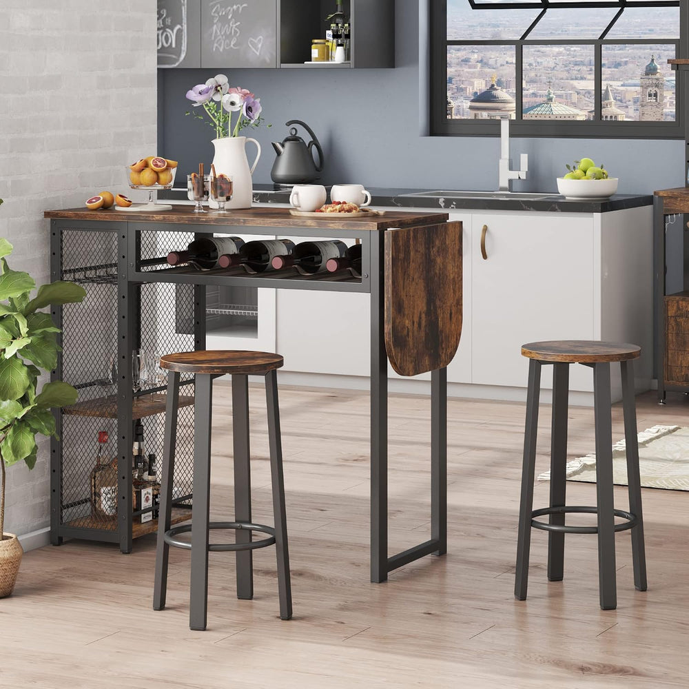 Bestier Expandable Bar Table and Chair Set, 2 Bar Stools, Rustic Brown
