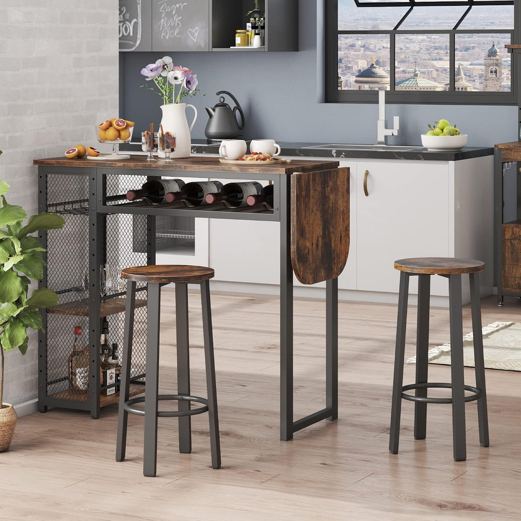 Bestier Bar Table and Chair Set, Expandable Dining Table with 2 Bar Stools, Industrial Kitchen Counter with Wine Rack & 3 Tier Adjustable Storage Shelves Rustic Brown