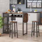 Bestier Bar Table and Chair Set, Expandable Dining Table with 2 Bar Stools, Industrial Kitchen Counter with Wine Rack & 3 Tier Adjustable Storage Shelves Rustic Brown
