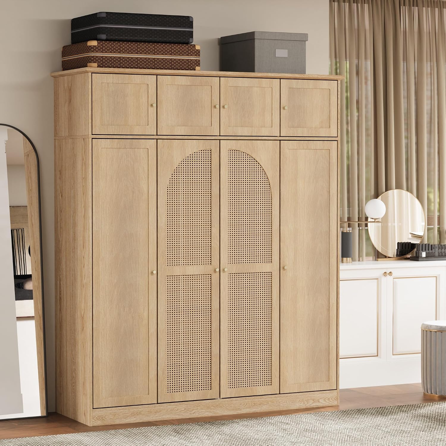 4 Doors Large Armoire Wardrobe Closet with Rattan Doors, 70.87" Tall Freestanding Wooden Closet Wardrobe Cabinet with Hanging Rod and Adjustable Shelves, Clothing Storage Cabinet for Bedroom, Natural