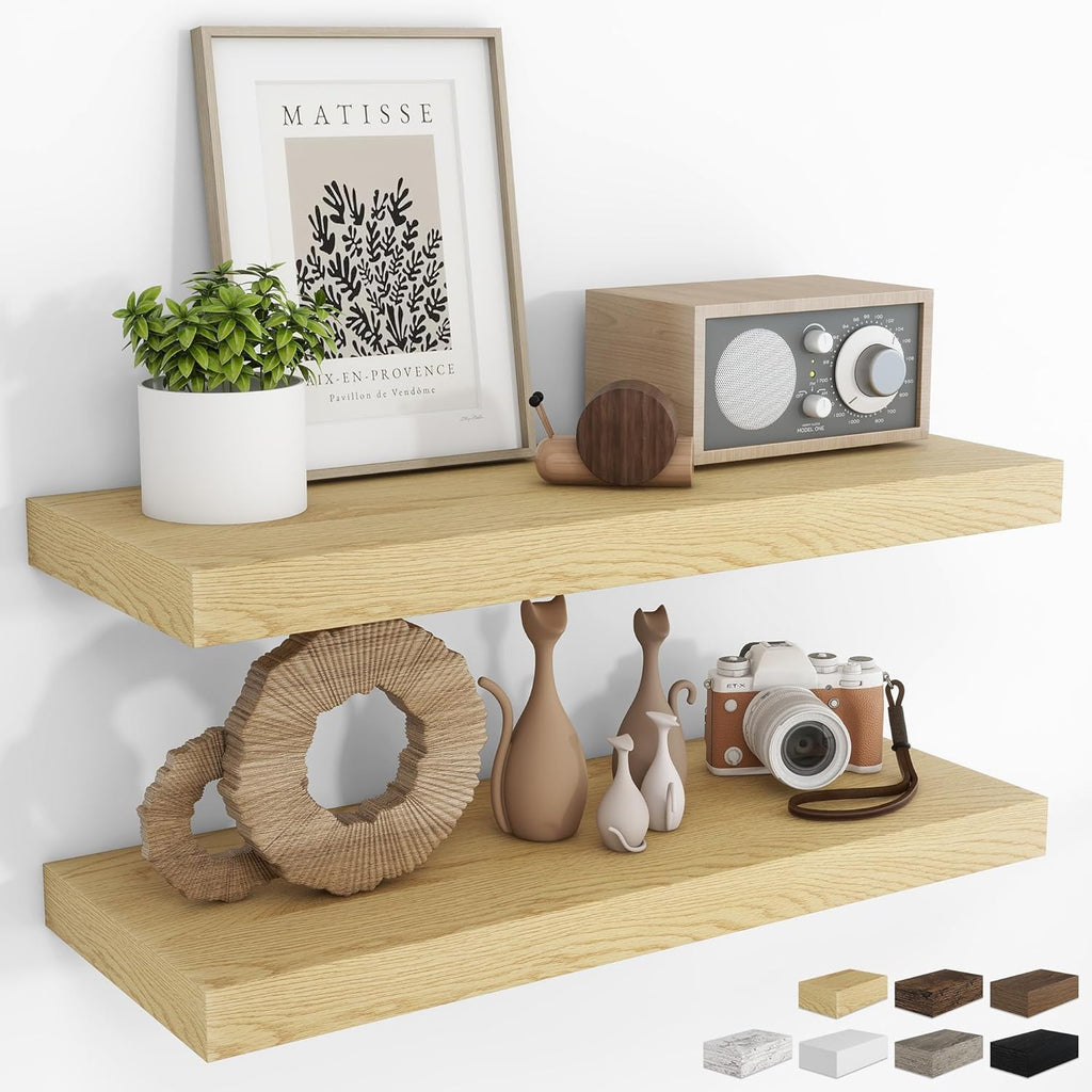 RICHFOCUS 31.5Inch Floating Shelves for Wall 2 Pack Shelves for Bedroom|Kitchen|Bathroom Wall Mounted Rustic Wood Floating Shelf with Invisible Brackets for Books|Storage|Decor, Oak