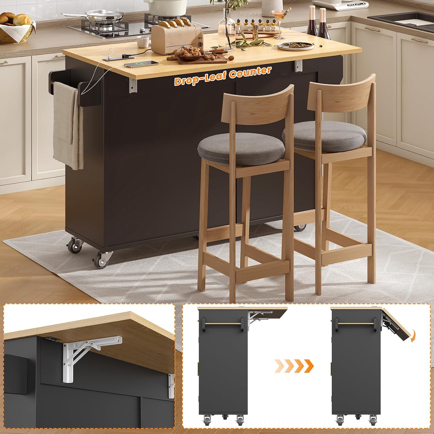 VVFLU 51.8" Kitchen Island Cart with Trash Can Storage, Kitchen Island on Wheels with Power Outlet & Drop Leaf, Rolling Kitchen Cart with Towel Rack & Spice Rack, Mobile Islands Table for Kitchen