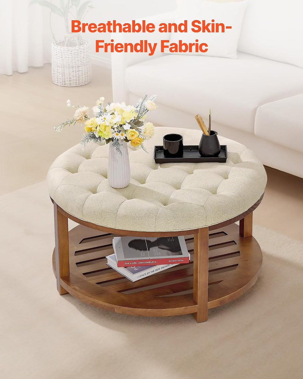 VEVOR Large Round Ottoman Coffee Table, 31.9 Inch Tufted Coffee Table with So...