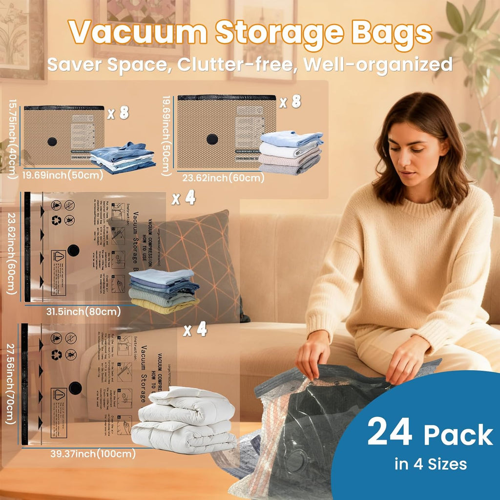24PCS Vacuum Seal Bags for Clothing with Electric Pump - 8 Small, 8 Medium, 4 Large, 4 Jubom - Space Saver Vacuum Storage Bags for Bedding, Blanket, Pillow, Comforter, Travel, Seasonal Storage