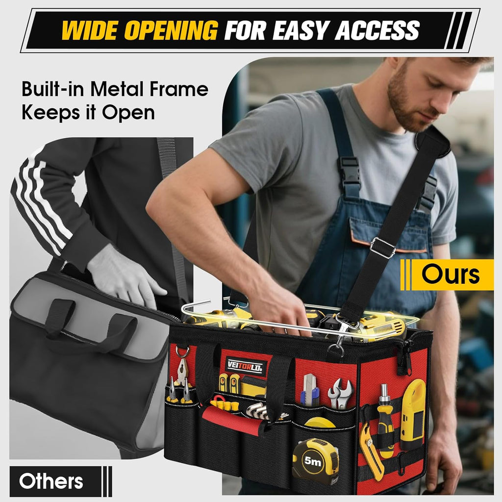 16-Inch Heavy Duty Tool Bag, 19-Pockets Tool Box Organizer, Portable Toolbag W/Soft Handle for Organized Storage, Mechanic Gifts for Men Dad Husband Him Christmas, Wide Mouth Toolbox Organization, Red