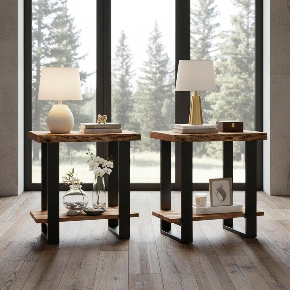 Alaterre Furniture Alpine Live Edge Modern End Table Set of 2-2-Tier Narrow S...