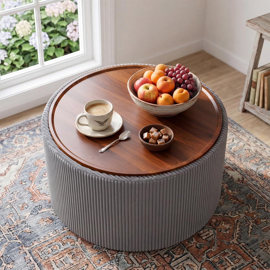 Homebeez 28” Round Storage Ottoman,Ottoman Coffee Table with Tray,Corduroy | Modern Ottomans with Storage with Anti-Slip Rubber Feet for Living Room, Bedroom, Apartment, Gray