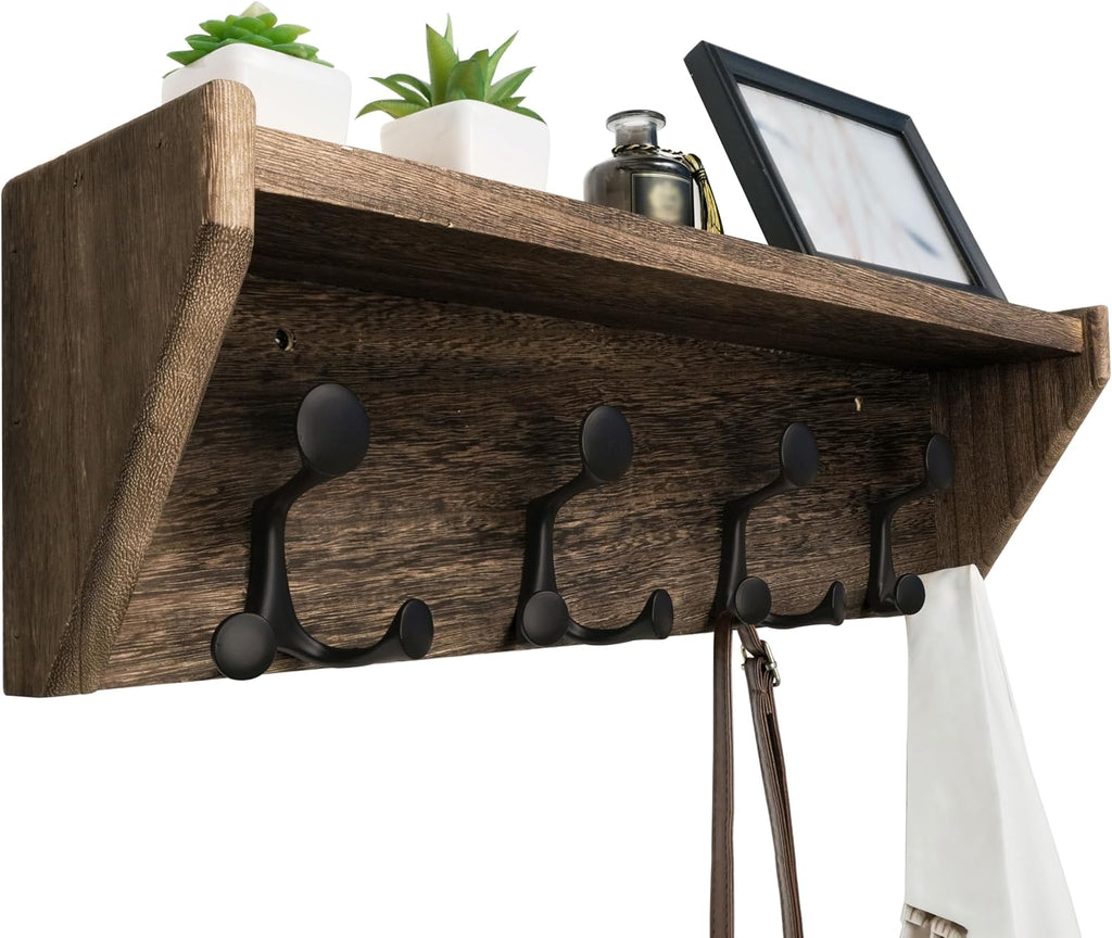 WEBI Wall Shelf with Hooks Underneath,24” Long Wall Mounted Coat Rack with Shelf,Entryway Coat Rack with 4 Triple Hooks for Hanging Coats,Jacket,Hallway,Bedroom,Mudroom,Weathered Brown