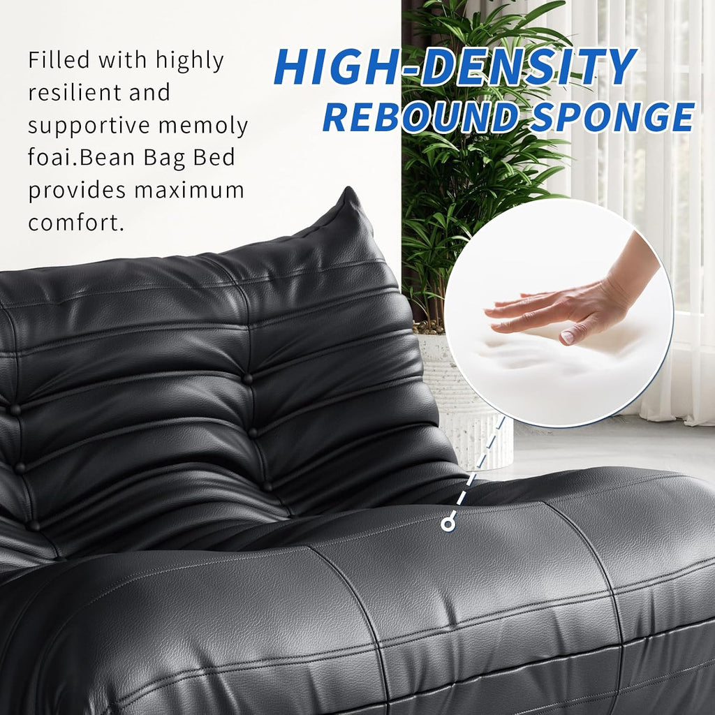 Foam Bean Bag Chairs for Adults,Big Faux Leather Bean Bag Lounger Couches, Modern Sofa,Floor Lazy Sponge Couch for Living Room Bedroom Dorm Office,Black