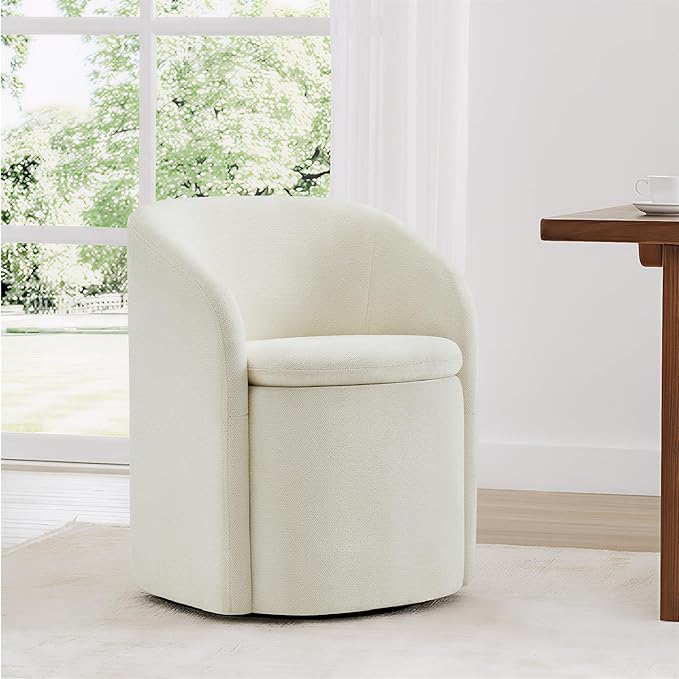 Upholstered Dining Chairs with Casters, No Assembly Rolling Modern Dining Room Chairs with Hidden Storage & Barrel Backrest, Accent Chair for Bedroom, Living Room, Dressing, Linen, Set of 1