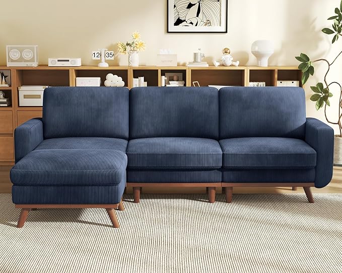 Vesgantti 97" Modular Sectional Sofa Dark Blue, L-Shaped Couch with Movable Ottoman, Comfy Corduroy Couch with Spring Cushion, Modular Sofa with Deep Seat for Living Room, Bedroom and Apartment