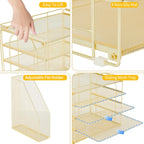 AUPSEN Gold Desk Accessories Organizer,5-Tier Letter Tray Paper Organizer with Adjustable File Holder, Desktop Office Desk Accessories for Office Supplies