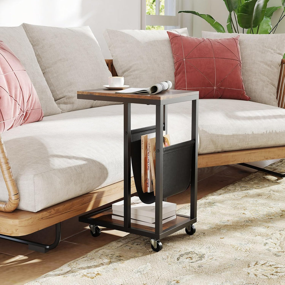 Giantex C Shaped End Table with Rolling Wheels, Sofa Side Table with Magazine...