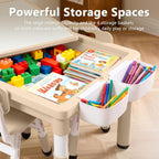 Kinder King Kids Table & 2 Chairs Set, Height Adjustable Children Activity Table w/Storage, Graffiti & Building Blocks Tabletop, Toddler Furniture Set for Classroom, Daycare, Home, Age 3+, Khaki