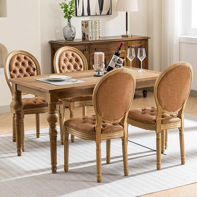 French Country Dining Chairs Set of 4, Caramel Kitchen & Dining Room Chairs, Faux Leather Kitchen Chairs, Tufted Upholstered, Wood Legs, Sillas De Comedor (PU, Amber, 4Pcs)