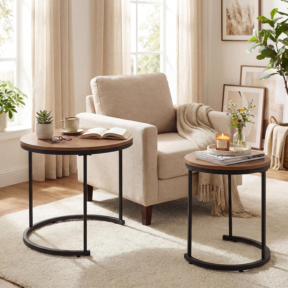 GOFLAME Nesting Coffee Tables Set of 2, Stacking Round Center Table with Wood...