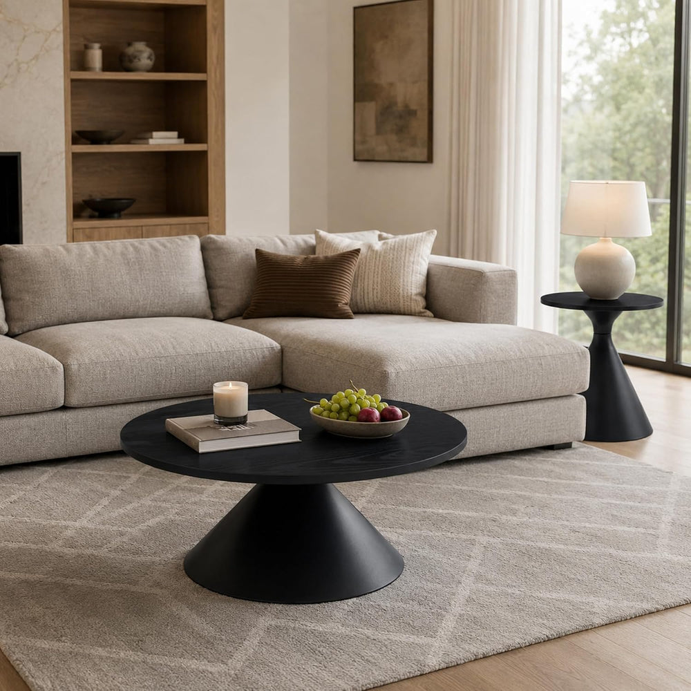 Coffee Table Set, 2-Piece Round Side Tables with Black Patterned Top & St...