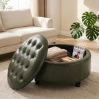 30-Inch Round Storage Ottoman, Leather Ottoman (Green) | Button Tufted Ottoman with Storage, Ottoman Coffee Table with Removable Top for Living Room, Bedroom, Office