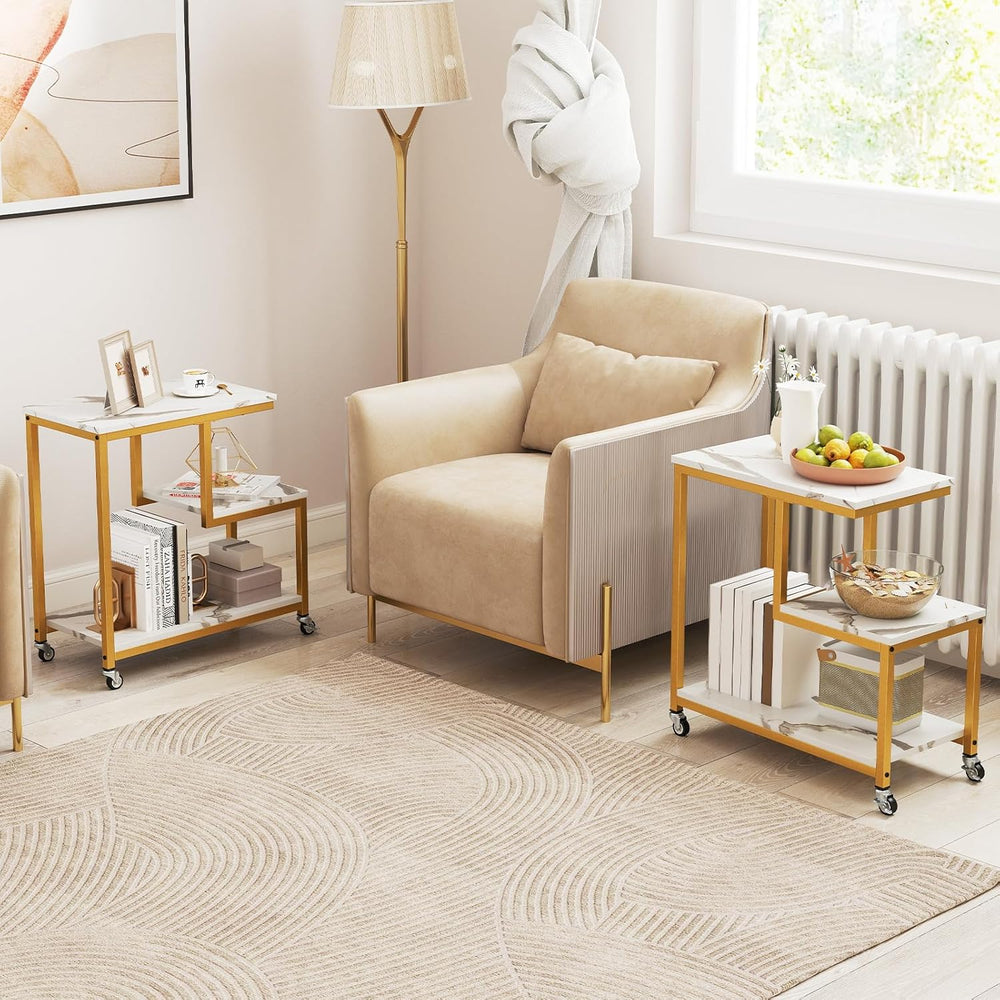 Giantex 3-Tier Side Table with Wheels, G-Shaped Mobile End Table with Open Sh...