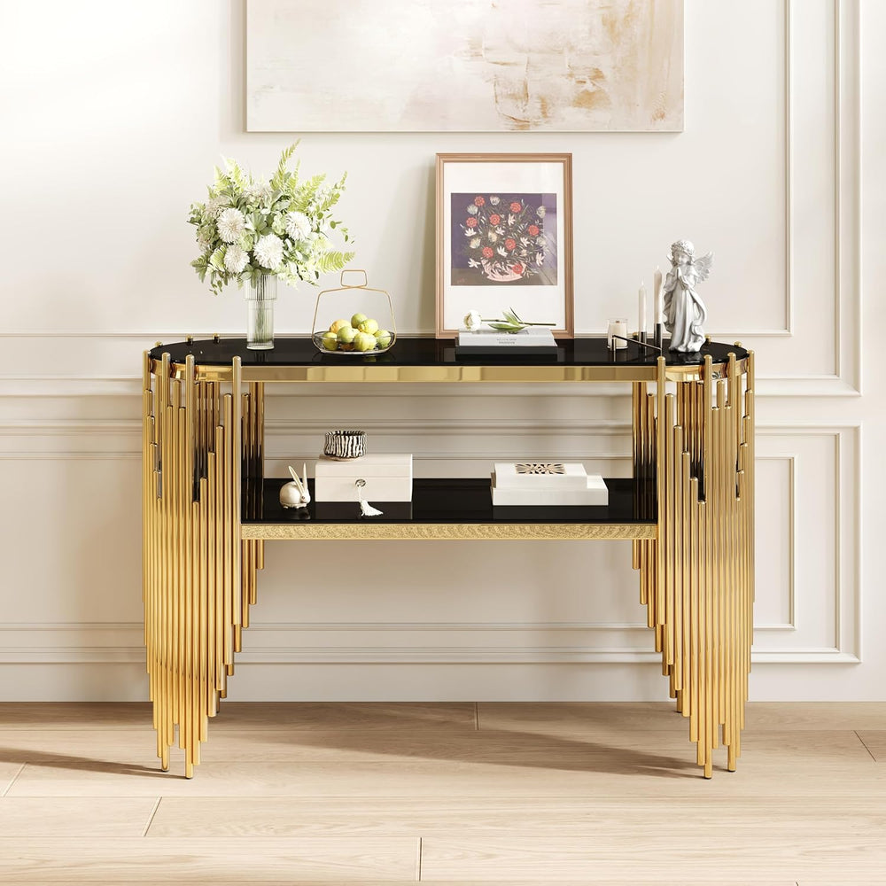 Modern Gold Glass Console Table with 2-Tier Shelves, Luxury Oval Entryway Tab...