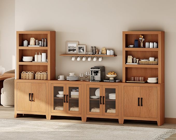 WAMPAT Entertainment Center with Bookshelves, 4-Piece Modular TV Stand with Storage Towers, Farmhouse Media Console with Glass Doors for Living Room, Bedroom, Mocha