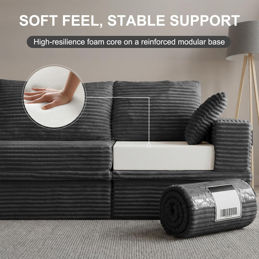 142'' Modular Sectional Sofa, Deep Seat Boneless Couch with Storage | Oversized High-Back for Living Room & RV | With Ottoman | High Density Foam & Corduroy | Tool-Free Assembly | Cozy Dark Gray