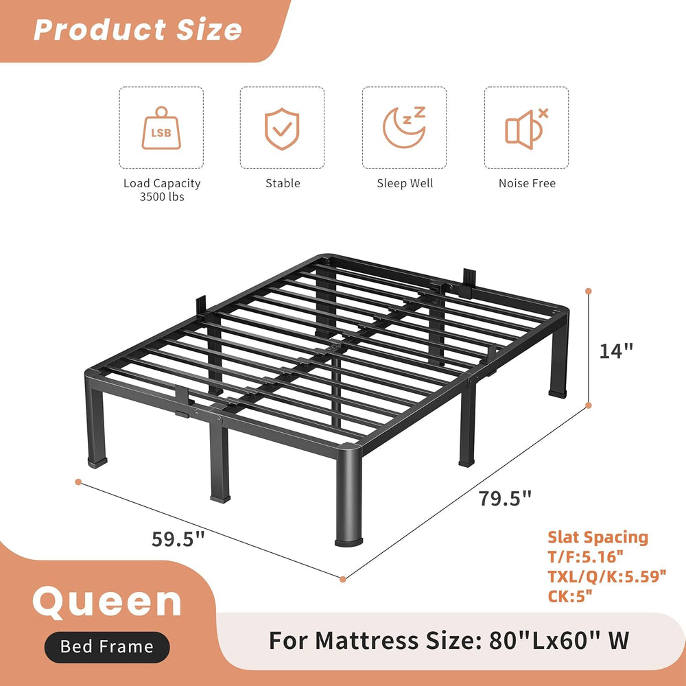 VIPSHOW 14 Inch Queen Heavy Duty 3500lbs Bed Frame with Round-Corner