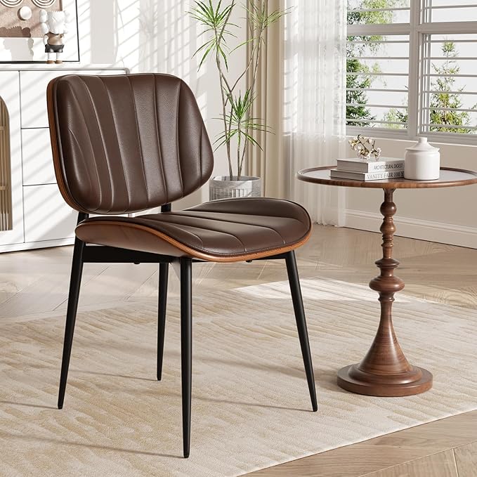 Dining Chair, Mid Century Modern Dining Room Chairs, Upholstered Faux Leather Kitchen Chairs with Walnut Bentwood Back and Metal Legs for Kitchen Dining Room Living Room, Coffee