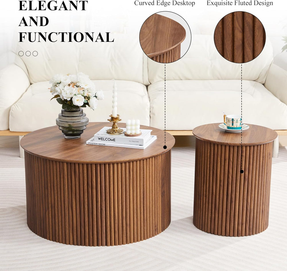 Fluted Round Nesting Coffee Table Set of 2, Mid Century Modern Wood Coffee Ta...