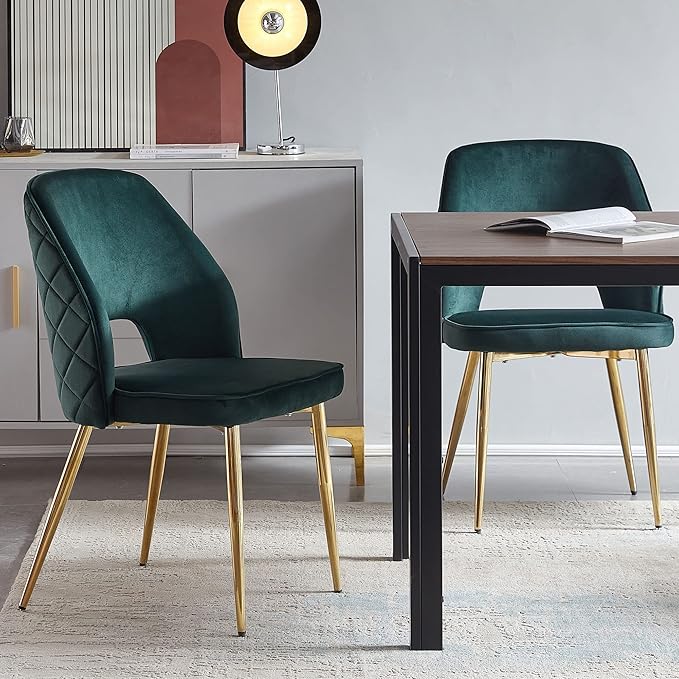 NORDICANA Modern Dining Chair Set of 2, Forest Green Velvet Fabric Upholstered Accent Chairs with Golden Metal Legs, Round Back Side Chairs for Kitchen Living Room Bedroom