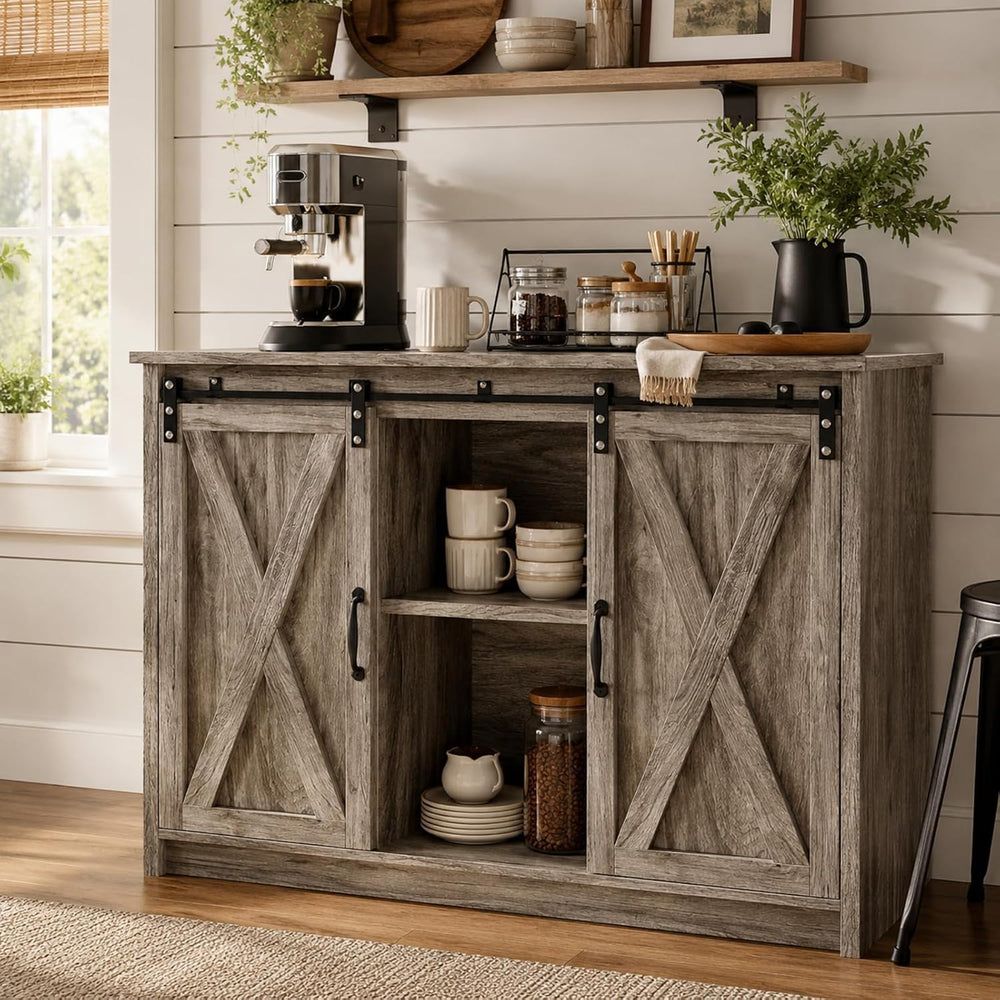 4 EVER WINNER Farmhouse Coffee Bar, 42 Inch Coffee Bar Cabinet, Wash Grey