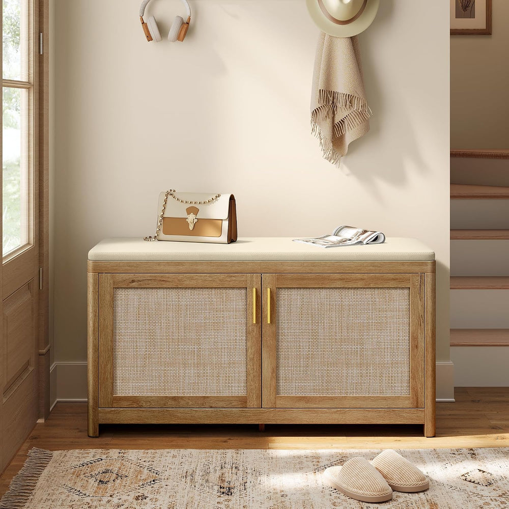 VASAGLE Boho Shoe Bench with Cushion, 2 Rattan-Look Cabinet Doors | Entryway ...