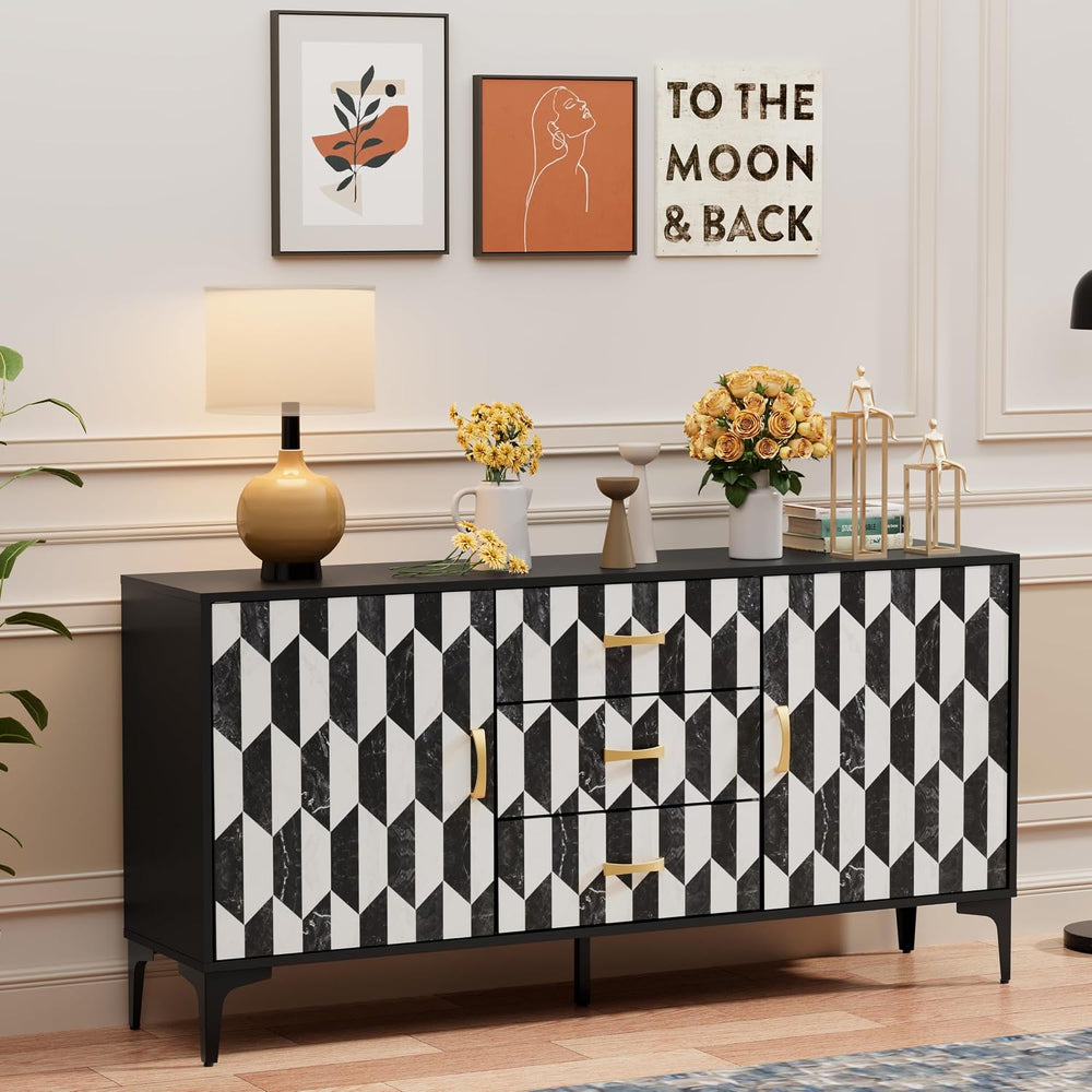 Anbuy Marble Buffet Cabinbet with Storage and 3 Drawers Sideboard Faux Marble...