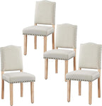 Yaheetech Dining Chairs Set of 4 Dining Room Chair Fabric Parsons Chairs with Nailhead Trim and Solid Wood Legs for Home, Kitchen, Dining Room, Beige