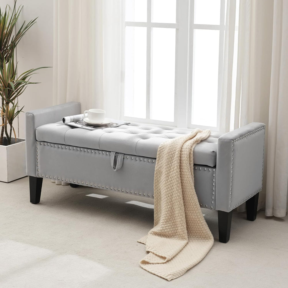 Velvet Storage Ottoman Bench, 46'' Upholstered Button Tufted End of B...