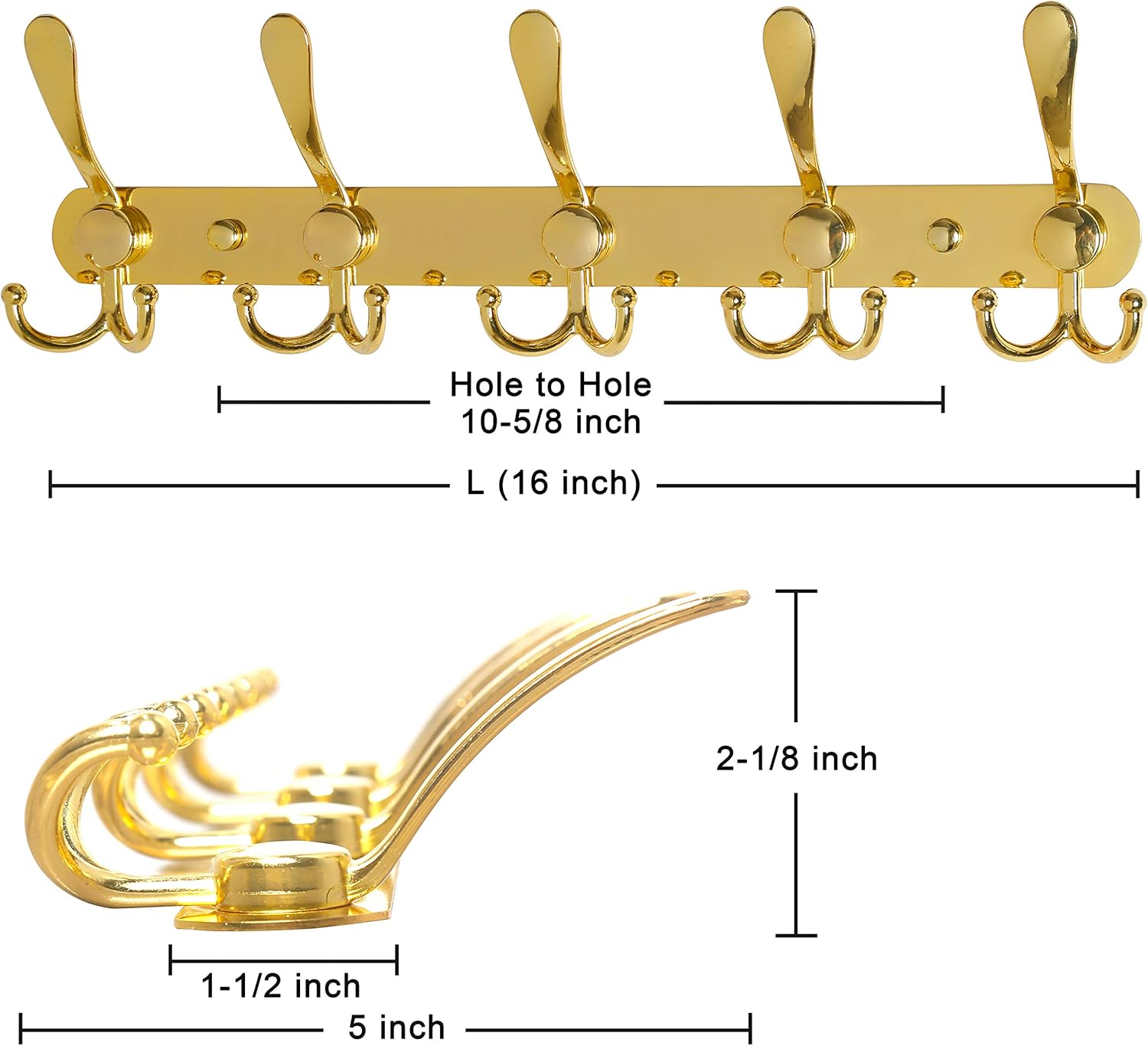 Dseap Coat Rack Wall Mounted - 5 Tri Hooks, Heavy Duty, Stainless Steel, Metal Coat Hook Rail for Coat Hat Towel Purse Robes Mudroom Bathroom Entryway,Gold