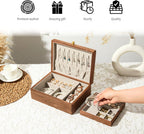 Wooden Jewelry Box, Two Layer Medium Size Real Natural Solid Walnut Wood, Vintage Organizer with Earring Storage, Ring Compartments, Built in Necklace Hooks, Watch Cushions, ek16-m-grey
