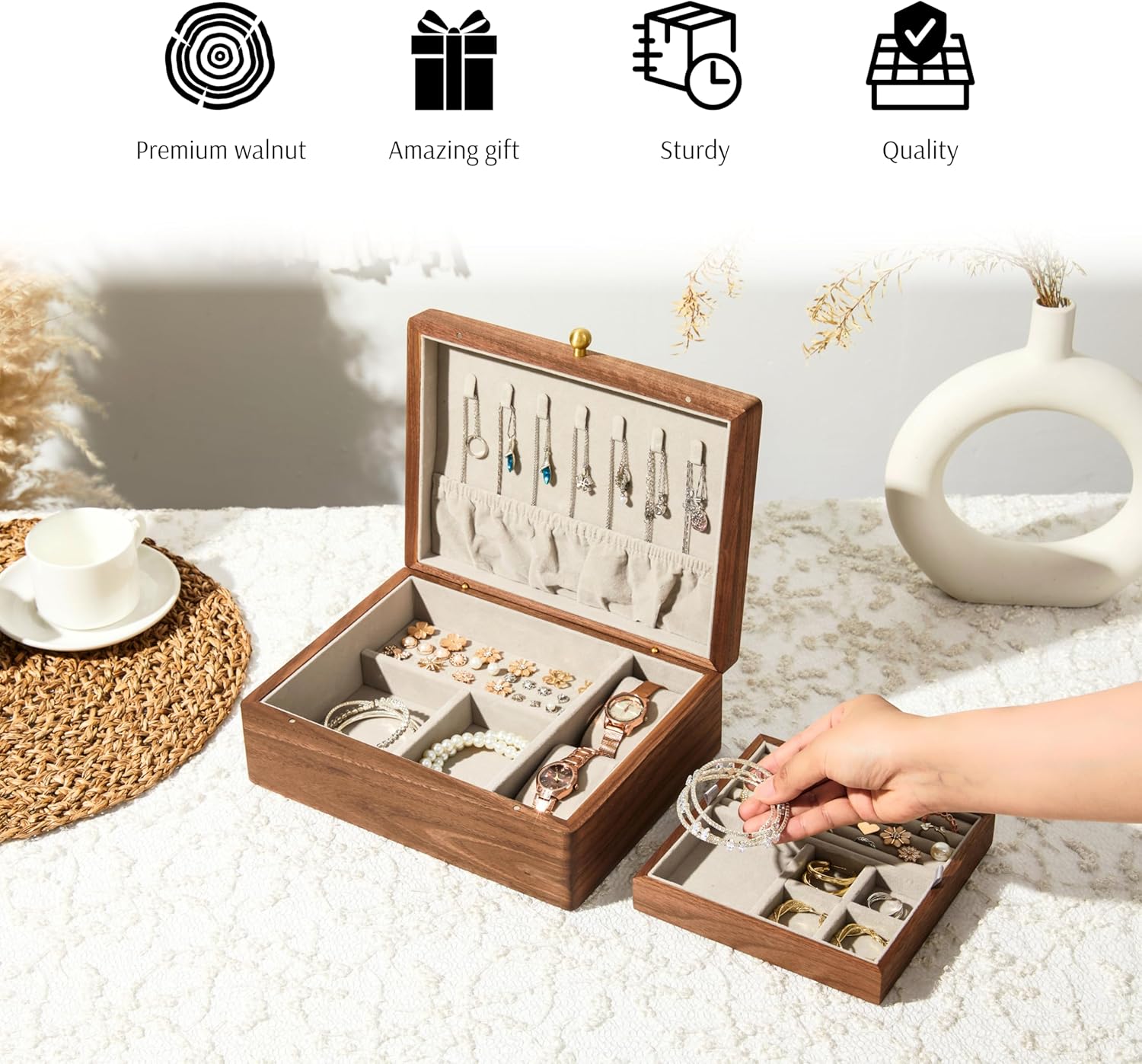 Wooden Jewelry Box, Two Layer Medium Size Real Natural Solid Walnut Wood, Vintage Organizer with Earring Storage, Ring Compartments, Built in Necklace Hooks, Watch Cushions, ek16-m-grey
